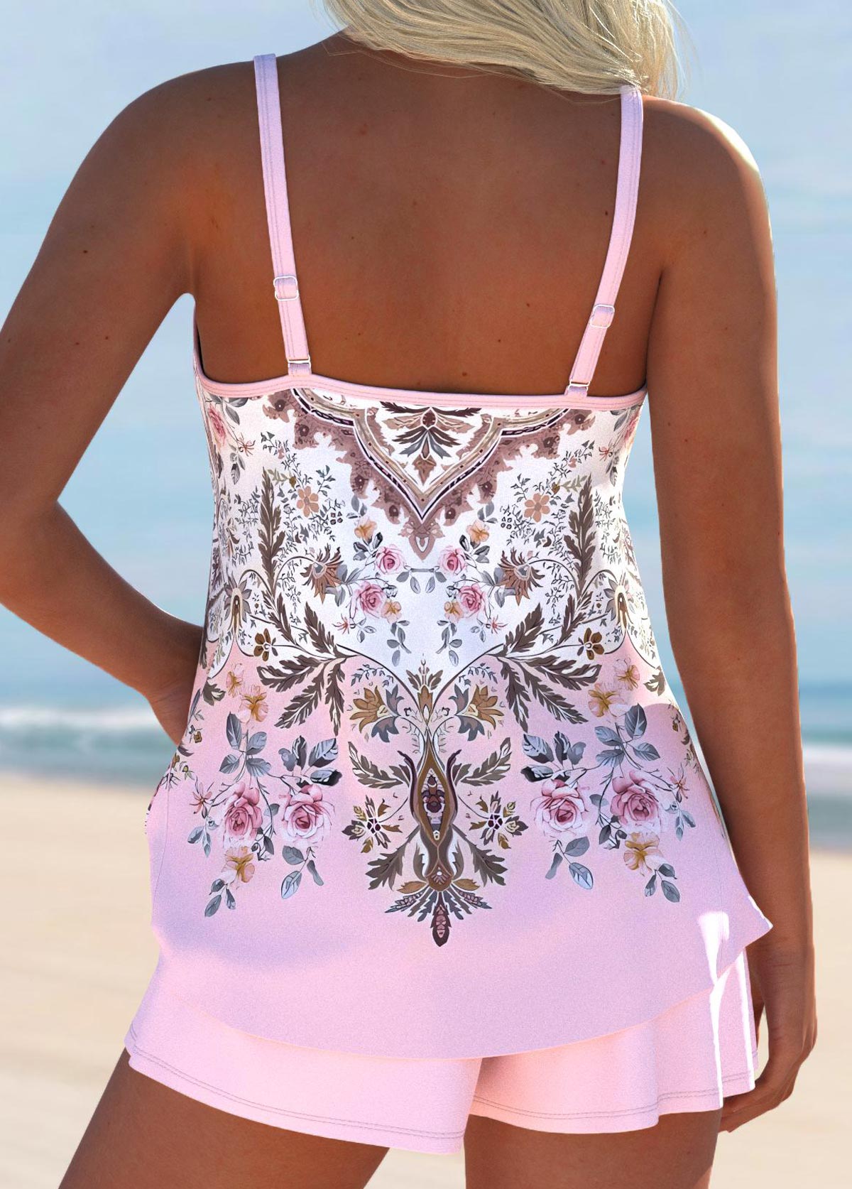 Light Pink plus size,Tribal plus size,ROTITA Plus Size Pocket Tribal Print Light Pink Tankini Set