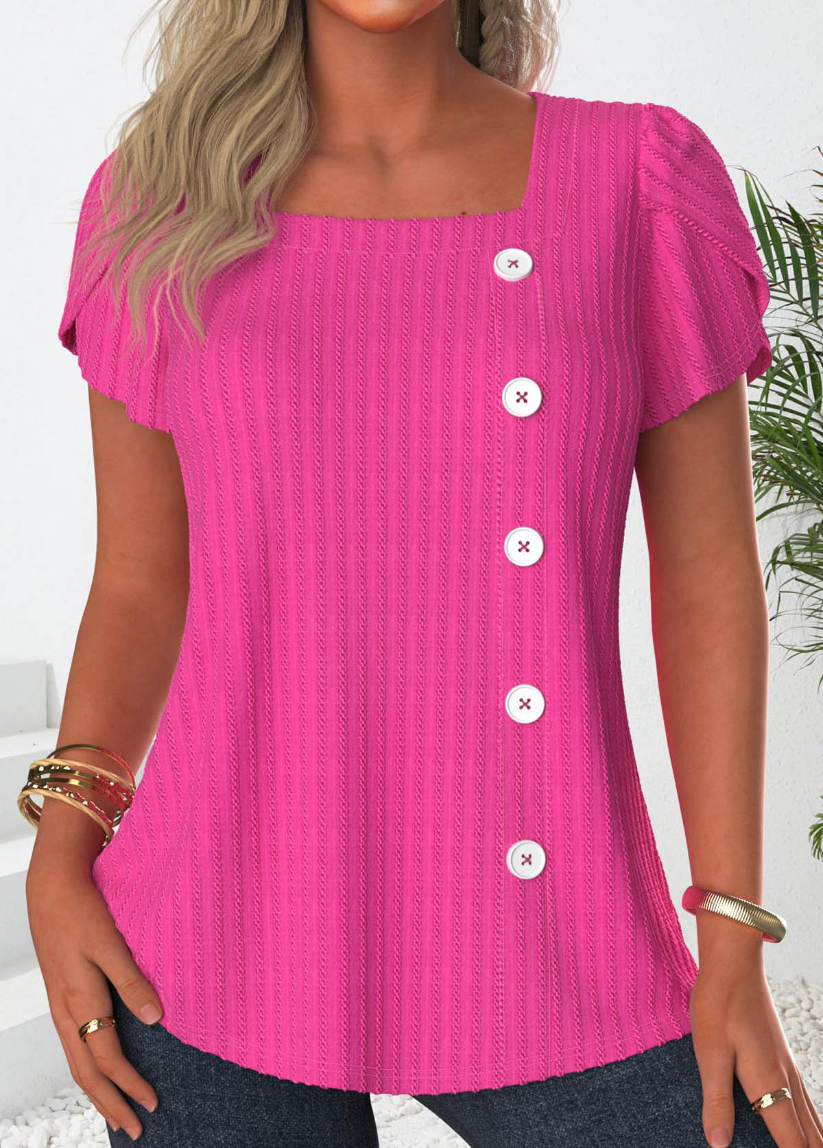 ROTITA Button Hot Pink Square Neck Short Sleeve T Shirt