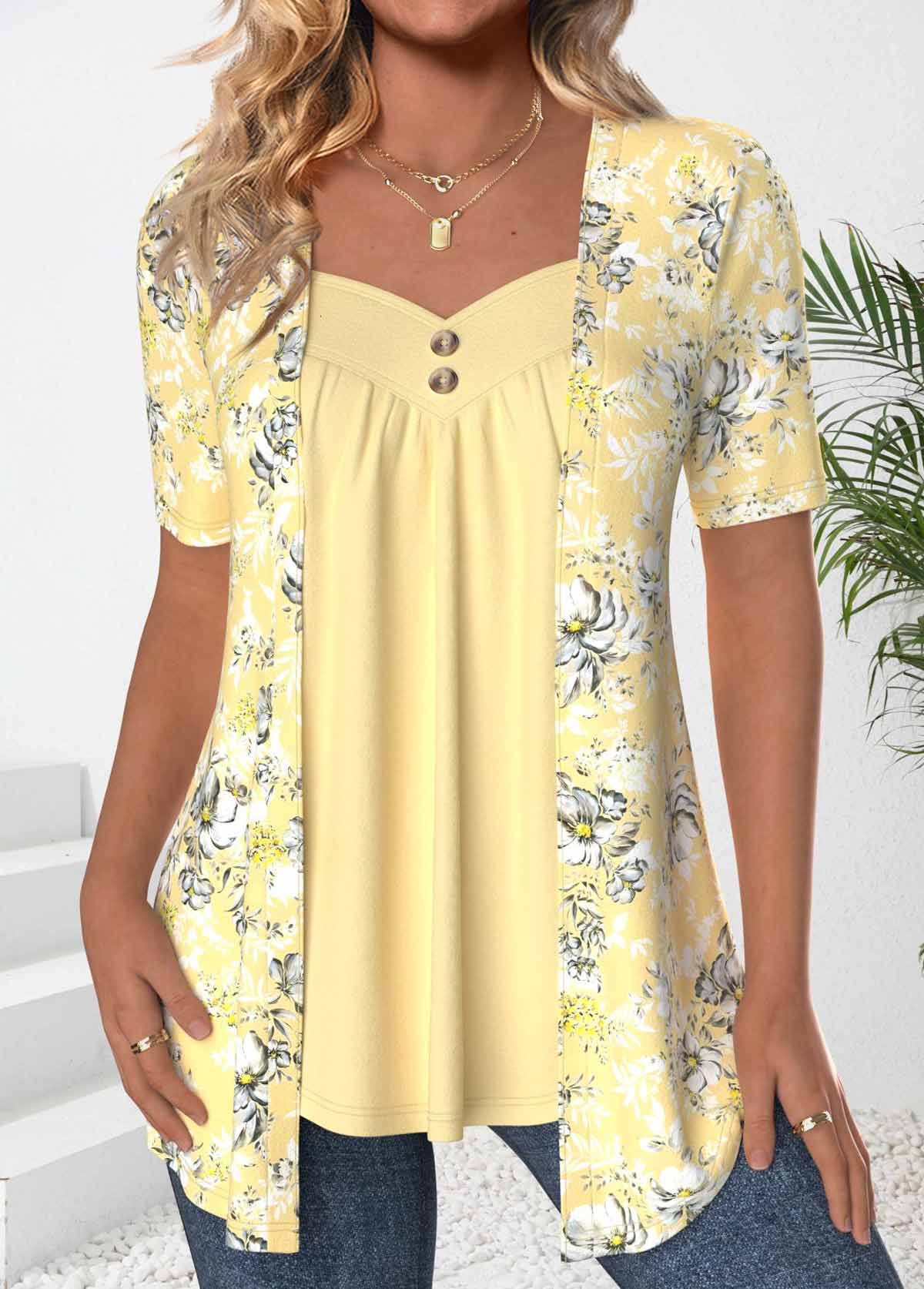 Light Yellow tops,Floral tops,Plants tops,ROTITA Floral Print Light Yellow Fake Two Piece Twinset