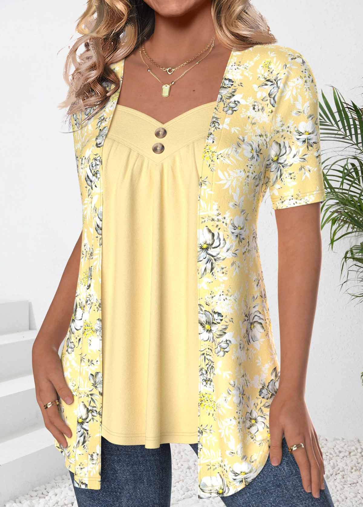 Light Yellow tops,Floral tops,Plants tops,ROTITA Floral Print Light Yellow Fake Two Piece Twinset