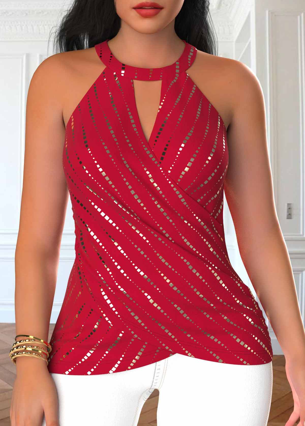 Red tops,Geometric tops,Striped tops,ROTITA Wrap Geometric Print Red Halter Sleeveless Tank Top