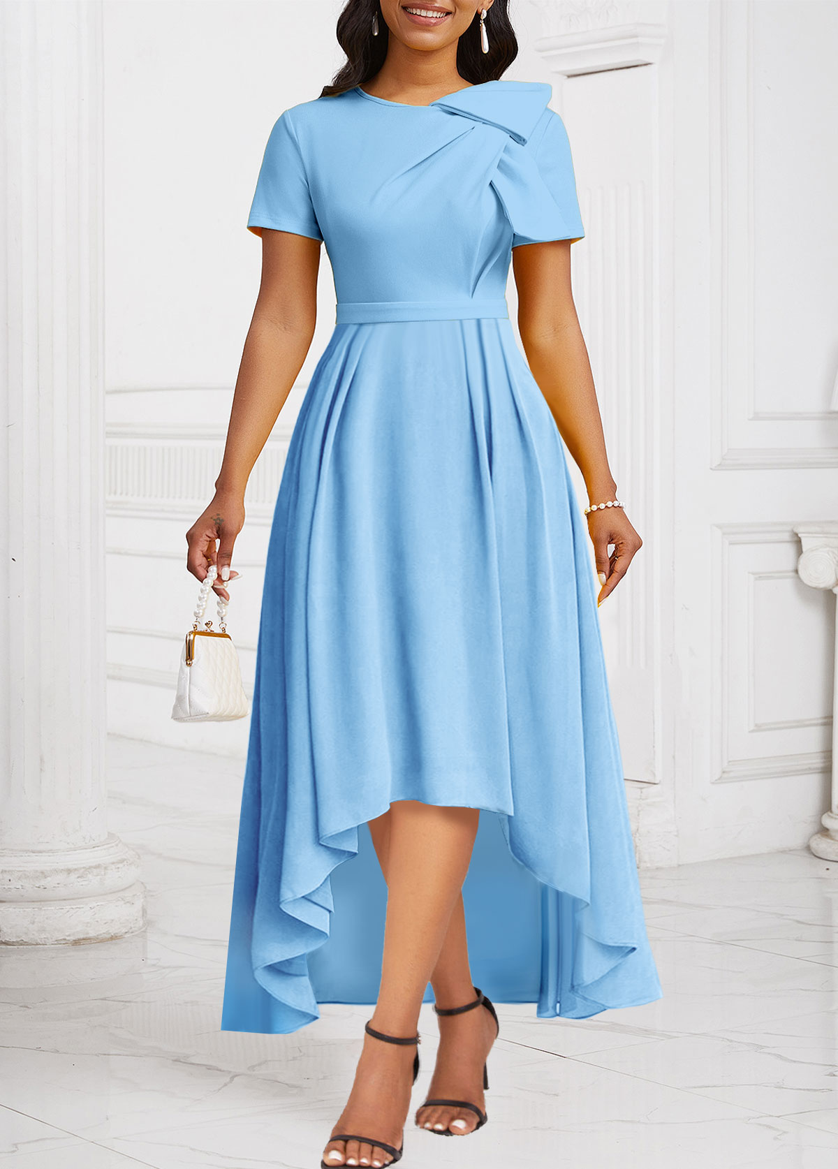 ROTITA Patchwork Light Blue High Low Asymmetrical Neck Dress
