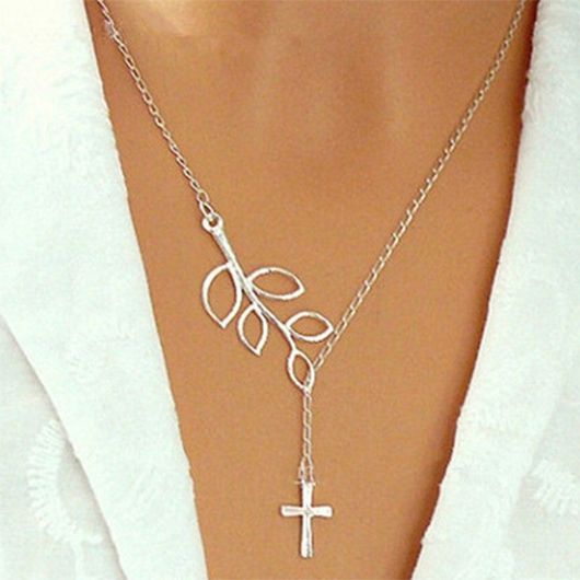 Cross Silvery White Plants Print Alloy Necklace