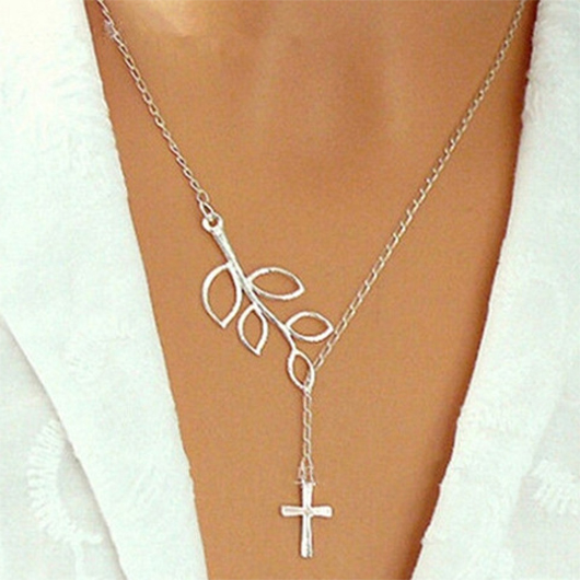 Silvery White jewelry,Plants jewelry,Cross Silvery White Plants Print Alloy Necklace