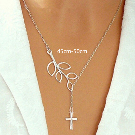 Silvery White jewelry,Plants jewelry,Cross Silvery White Plants Print Alloy Necklace
