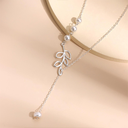 Silvery White jewelry,Plain Color jewelry,Leaf Pear Design Silvery White Alloy Necklace