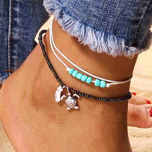 Turtle Beaded Mint Green Alloy Anklet Set