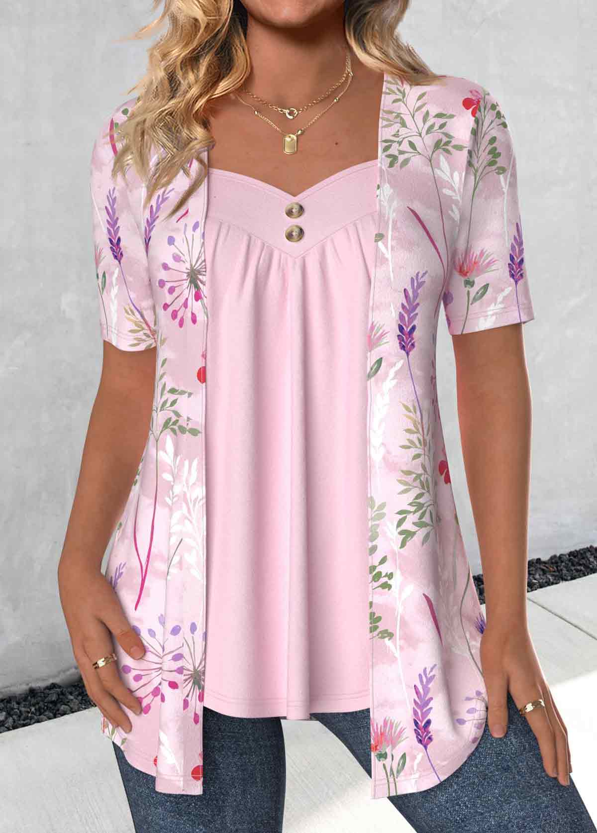 ROTITA Plus Size Fake 2in1 Pink Floral Print T Shirt