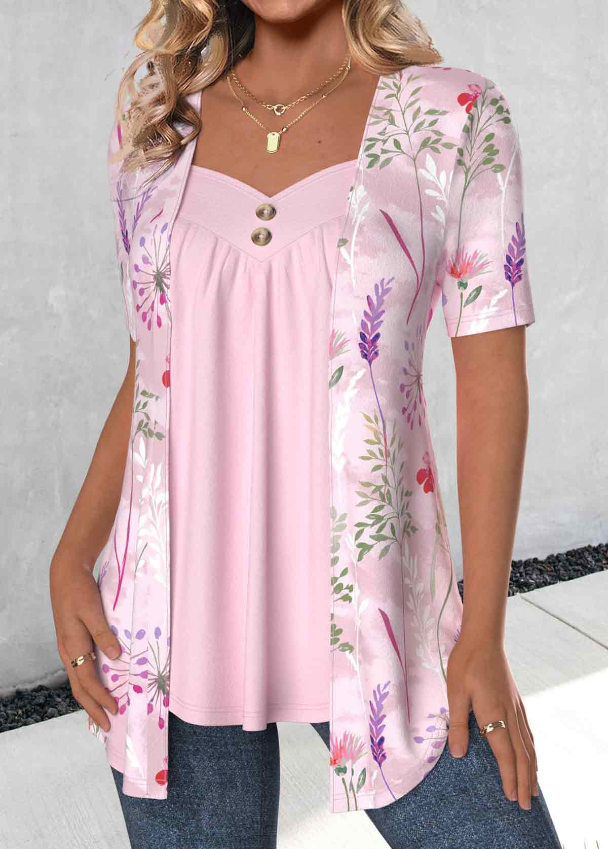 Pink plus size,Floral plus size,Plants plus size,ROTITA Plus Size Fake 2in1 Pink Floral Print Blouse