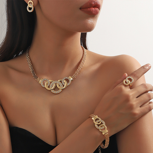 Round Gold Alloy Necklace Earrings and Wristband Set