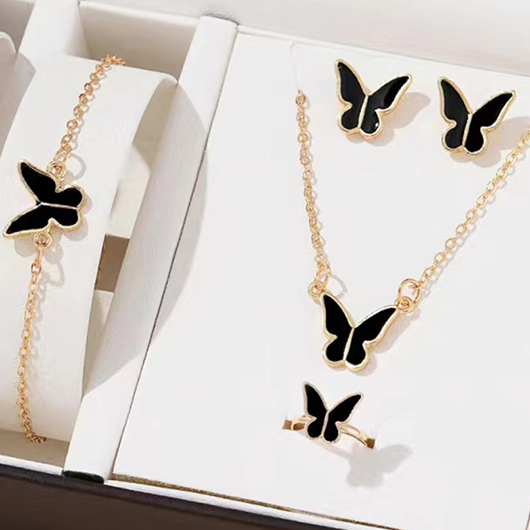 Butterfly Black Alloy Earrings Necklace and Wristband