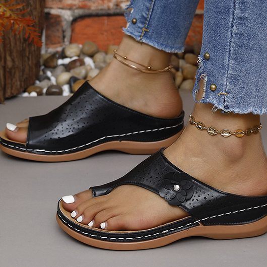 Black shoes,Plain Color shoes,Black Falt Open Toe Flip Flops