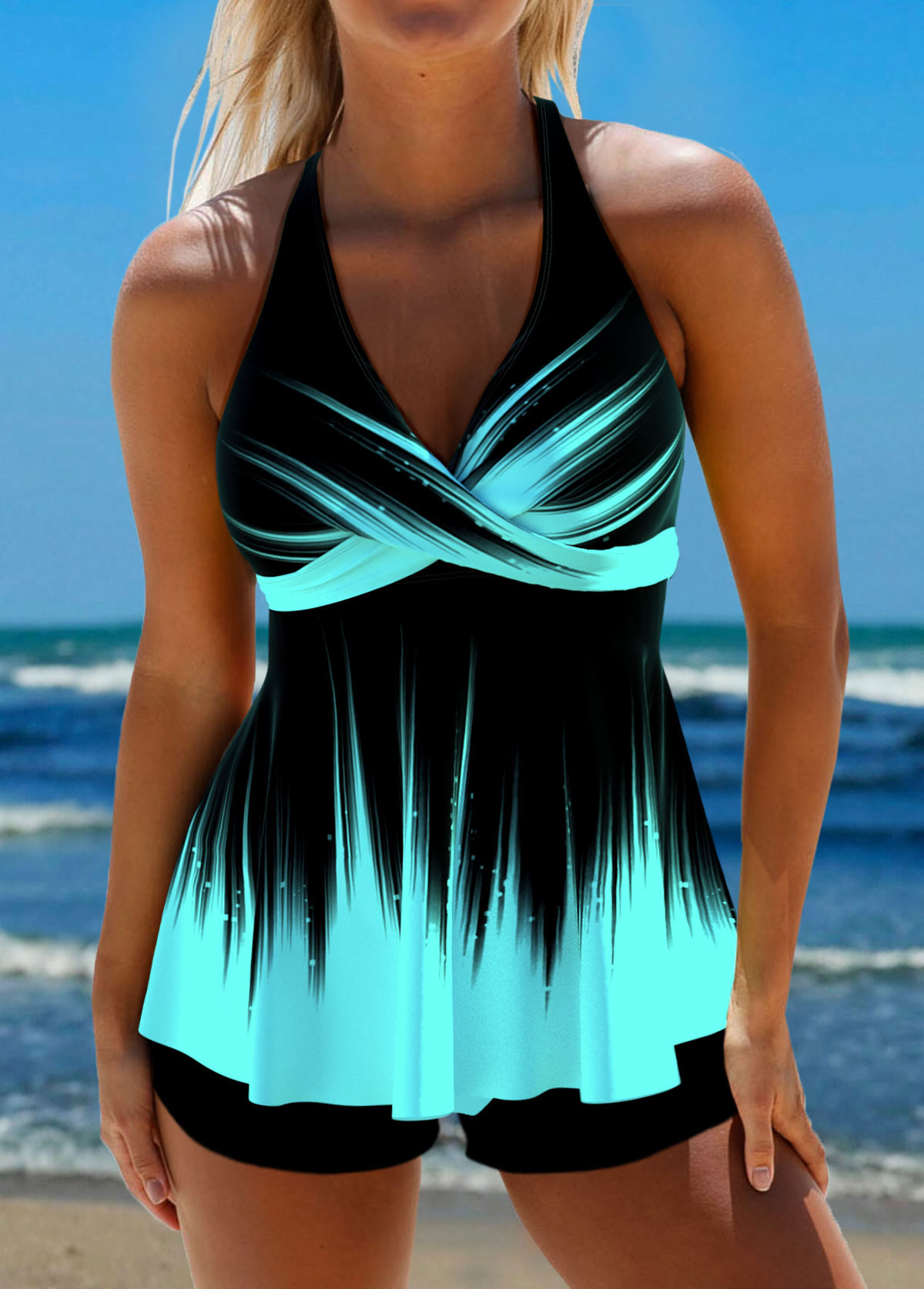 ROTITA Surplice Tie Back Cyan Ombre Tankini Top-No Bottom