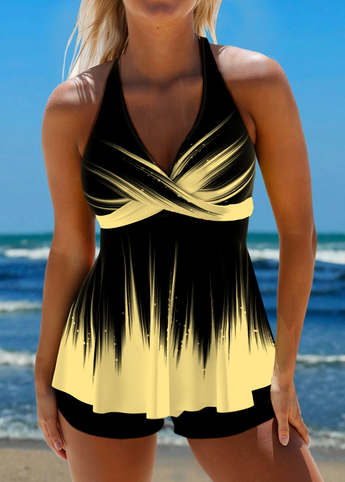 ROTITA Surplice Tie Back Light Yellow Ombre Tankini Top-No Bottom