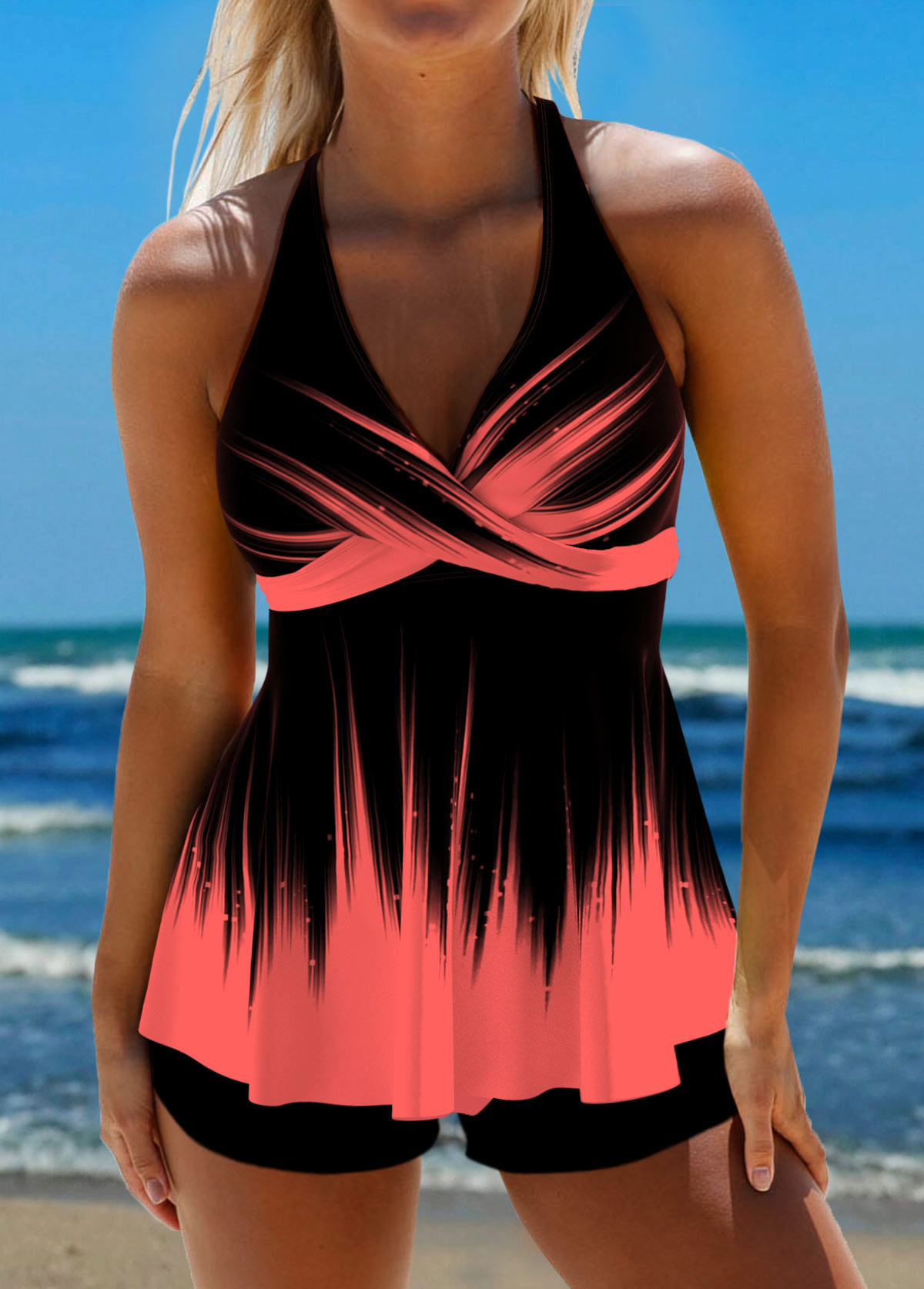 Rotita – Tankini-Oberteil mit Überrock und Bindeband in Korallen-Ombré-Optik-Kein Boden