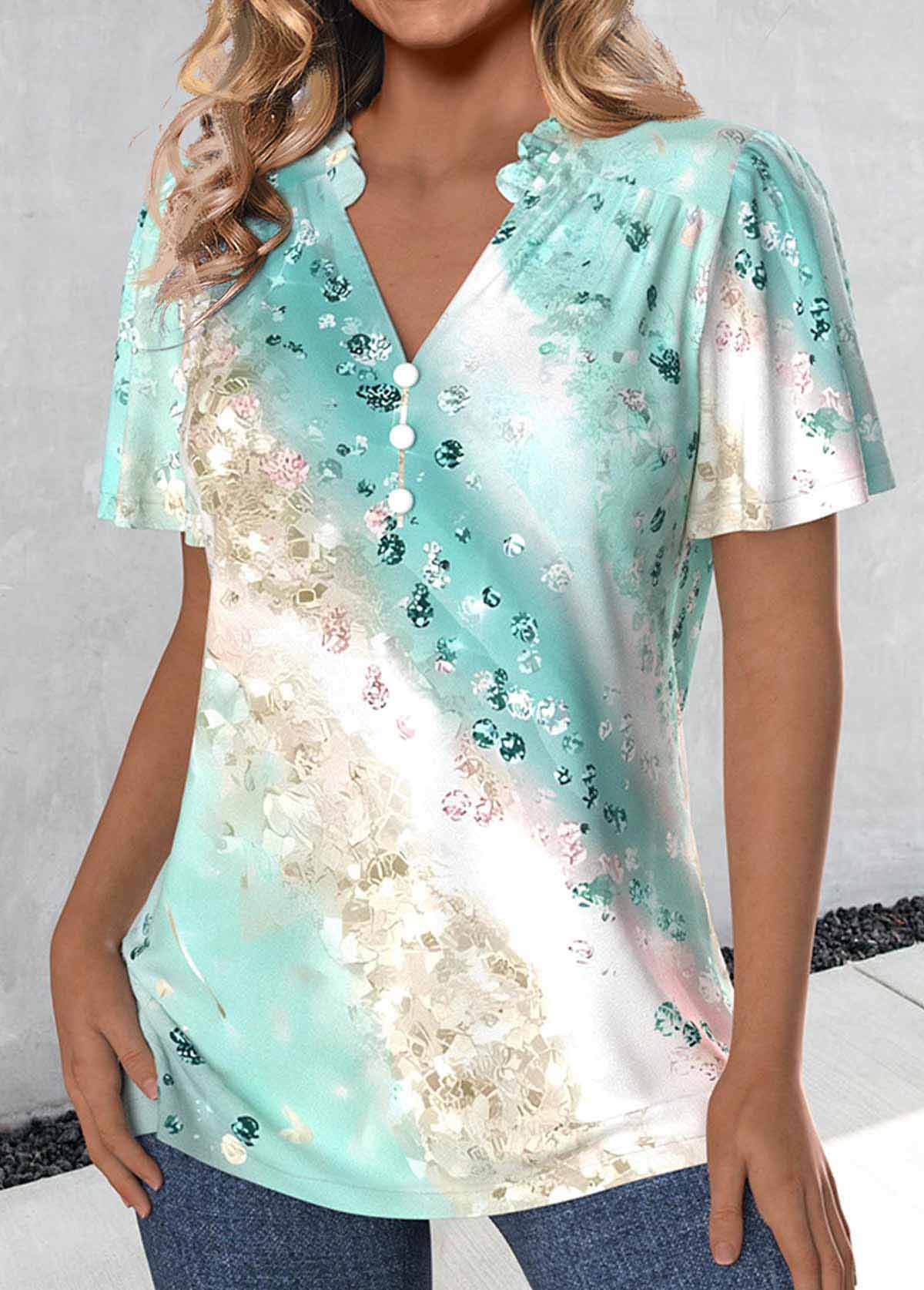 Mint Green tops,Ombre tops,ROTITA Ruched Ombre Mint Green V Neck Short Sleeve Blouse