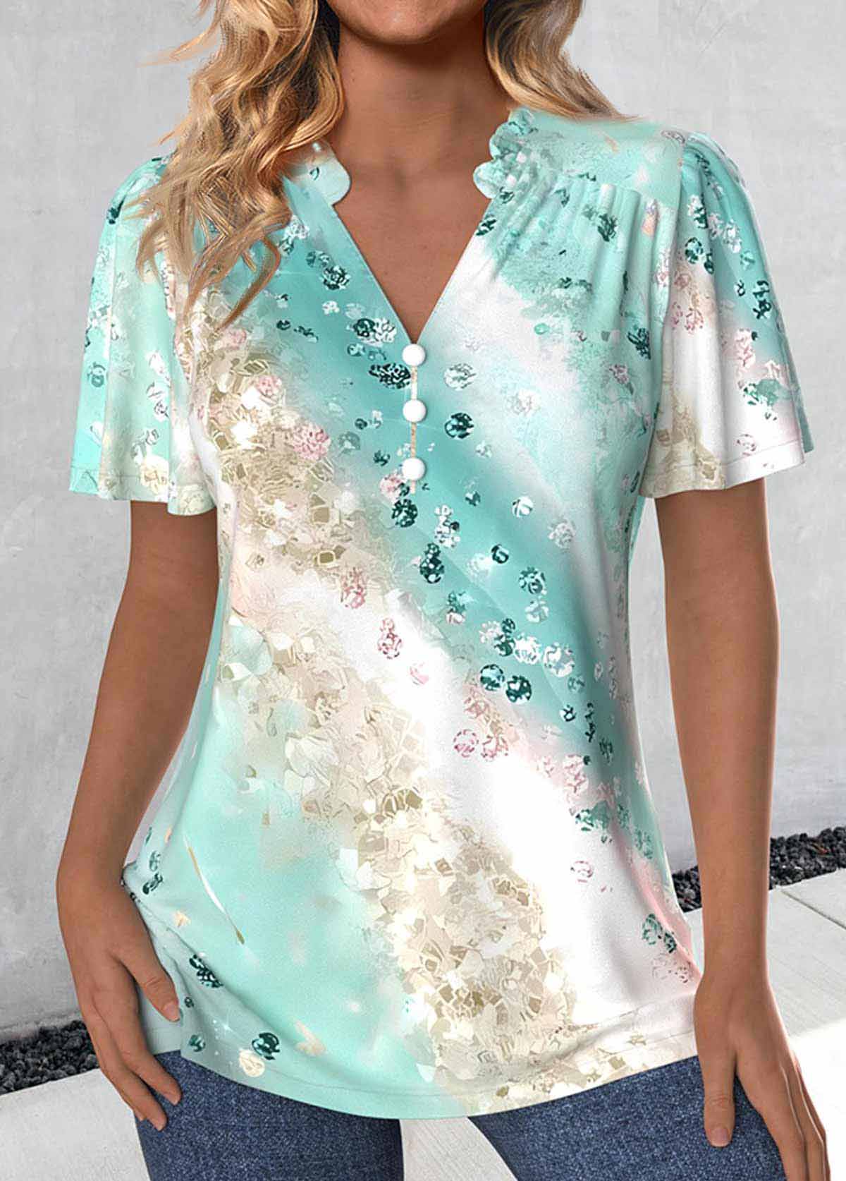 Mint Green tops,Ombre tops,ROTITA Ruched Ombre Mint Green V Neck Short Sleeve Blouse