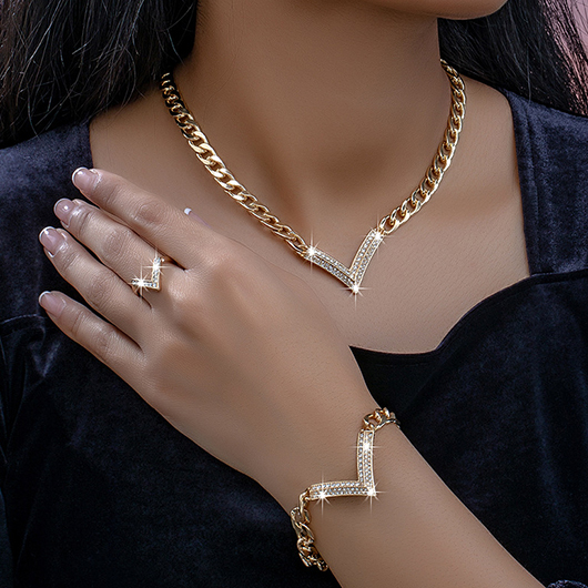 Chain Gold Alloy Rhinestone Design Necklace Set