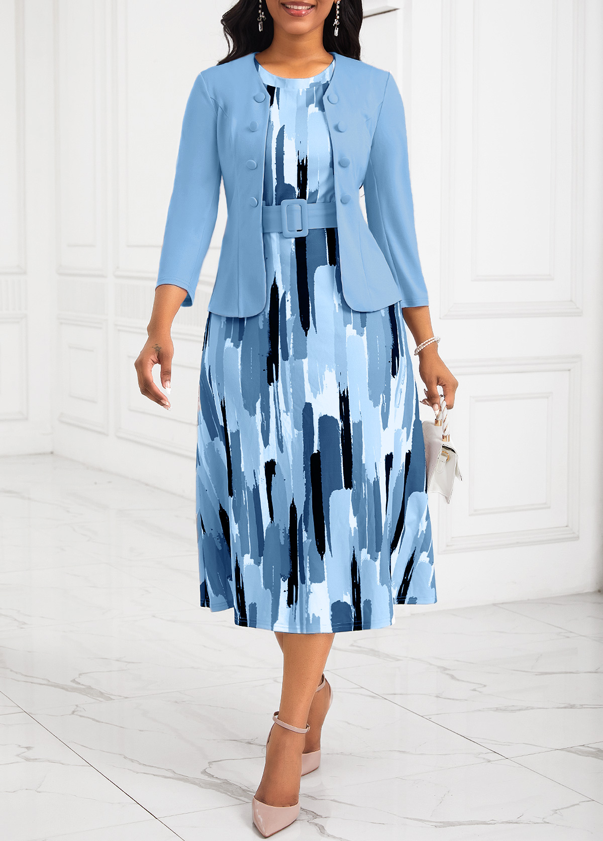 ROTITA Two Piece Light Blue Belted Round Neck Dress and Cardigan