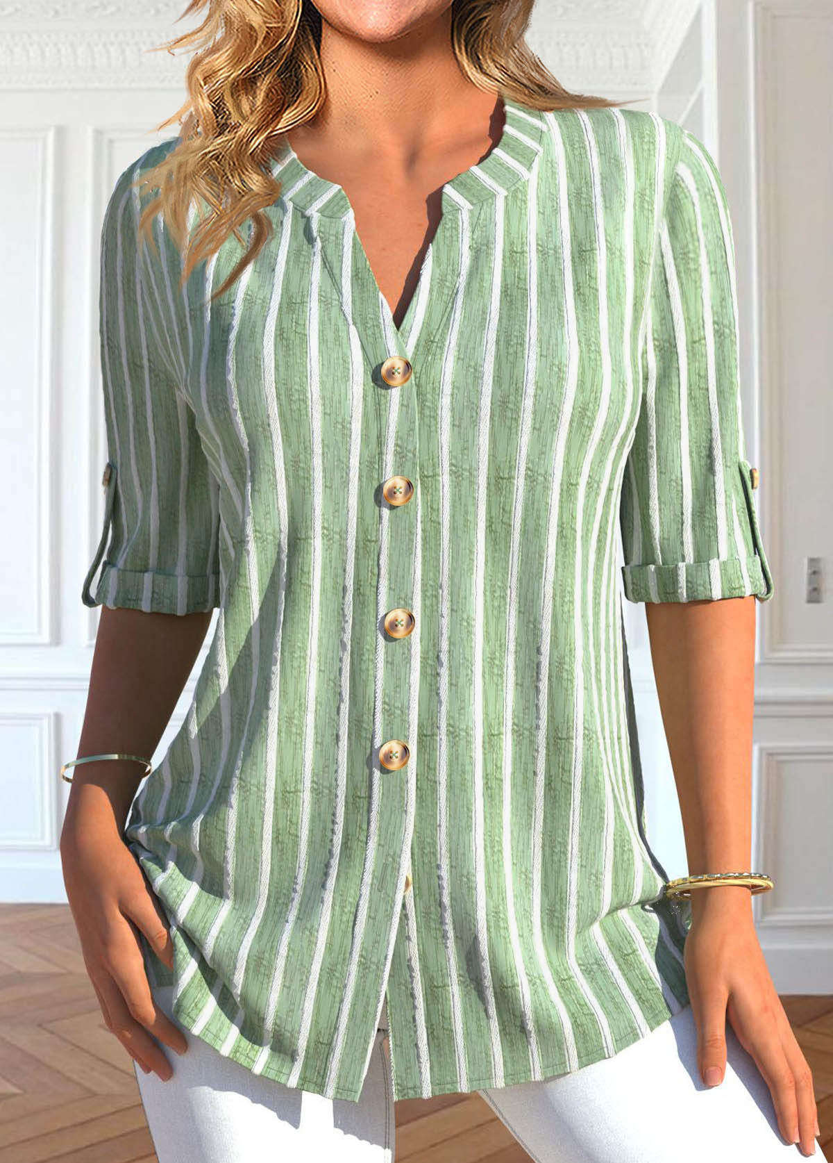 ROTITA Plus Size Button Light Green Striped Split Neck Shirt