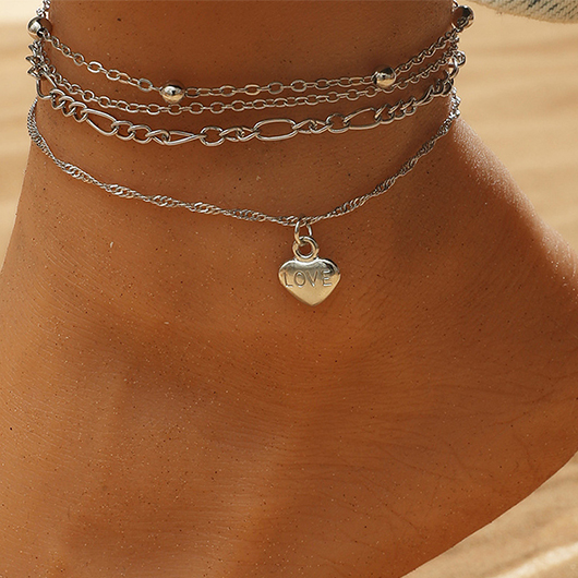 Heart Silvery White Alloy Anklet Set