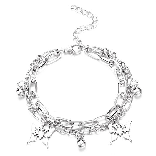 Silvery White jewelry,Butterfly Layered Chain Silvery White Alloy Anklet