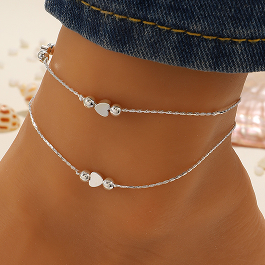 Heart Layered Design Silvery White Alloy Anklet