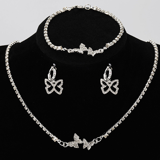 Rhinestone Butterfly Silvery White Alloy Necklace Set