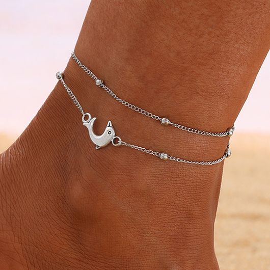 Silvery White Alloy Layered Dolphin Anklet