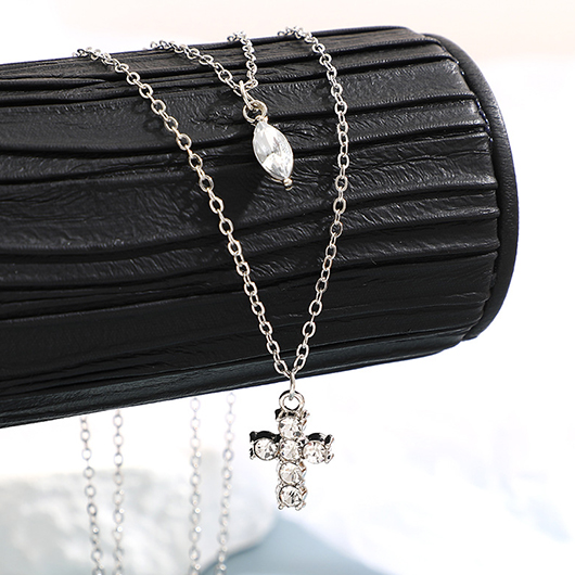 Silvery White jewelry,Plain Color jewelry,Cross Rhinestone Silvery White Alloy Necklace
