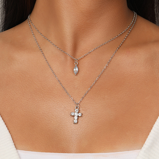 Silvery White jewelry,Plain Color jewelry,Cross Rhinestone Silvery White Alloy Necklace
