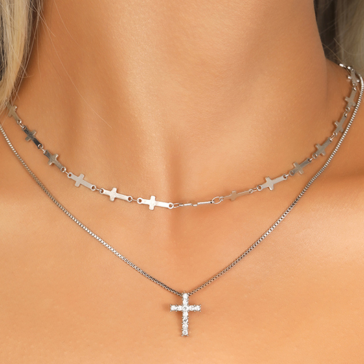 Cross Layered Silvery White Alloy Necklace