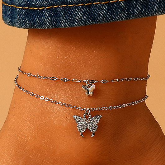 Butterfly Rhinestone Silvery White Alloy Anklet Set
