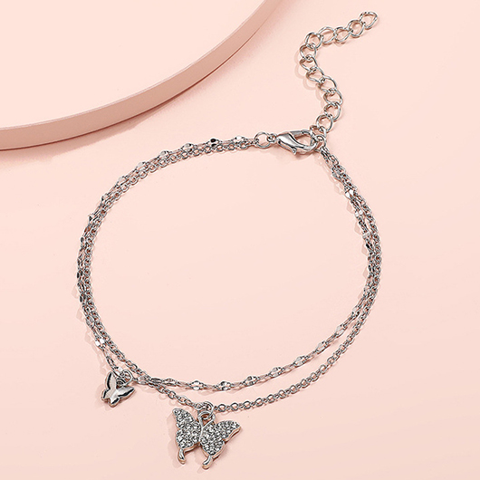 Silvery White jewelry,Plain Color jewelry,Butterfly Rhinestone Silvery White Alloy Anklet Set