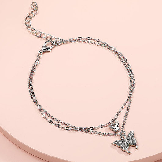 Butterfly Rhinestone Silvery White Alloy Anklet Set
