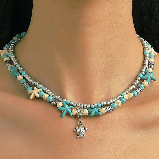Turtle Layered Design Mint Green Alloy Necklace