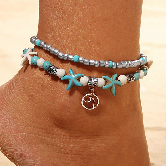 Mint Green jewelry,Animal Print jewelry,Geometric jewelry,Mint Green Alloy Starfish Layered Anklets