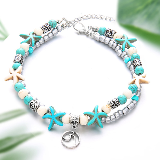 Mint Green jewelry,Animal Print jewelry,Geometric jewelry,Mint Green Alloy Starfish Layered Anklets