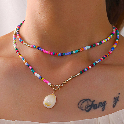 Beaded Conch Detail Multi Color Necklace