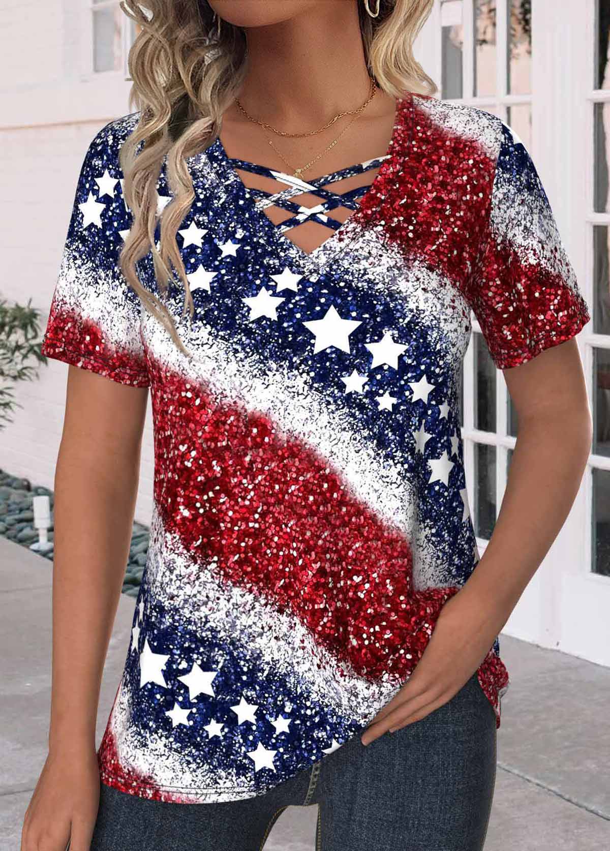 Navy plus size,Red plus size,Flag plus size,ROTITA Plus Size Criss Cross Navy Flag Print T Shirt
