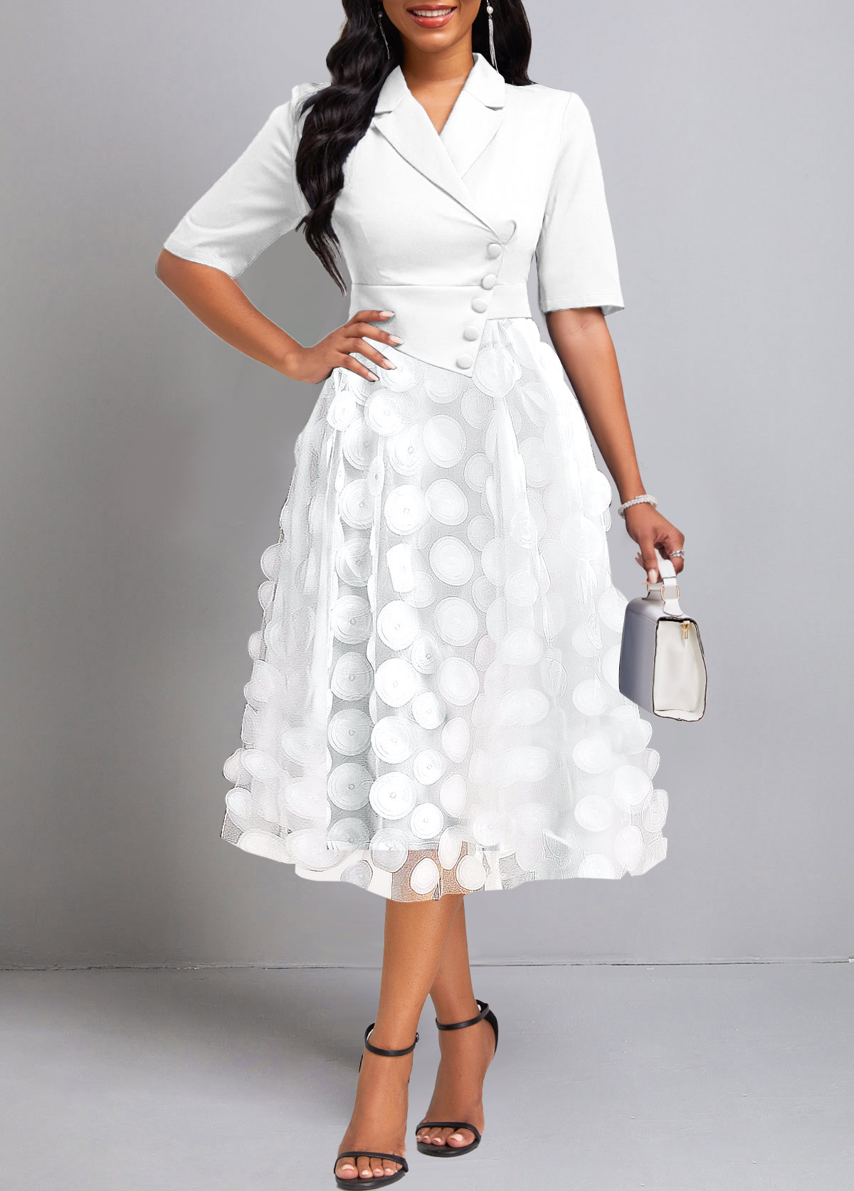 ROTITA Burn Out Printing Raw White Lapel Short Sleeve Dress