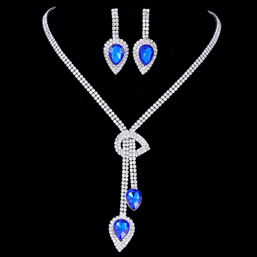 Blue Waterdrop Rhinestone Design Alloy Earrings and Necklace
