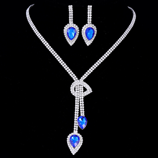 Blue jewelry,Blue Waterdrop Rhinestone Design Alloy Earrings and Necklace