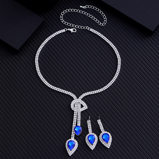 Blue jewelry,Blue Waterdrop Rhinestone Design Alloy Earrings and Necklace