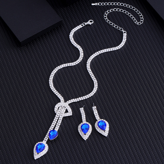Blue jewelry,Blue Waterdrop Rhinestone Design Alloy Earrings and Necklace