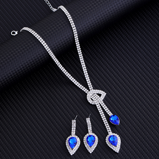 Blue jewelry,Blue Waterdrop Rhinestone Design Alloy Earrings and Necklace
