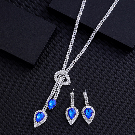 Blue jewelry,Blue Waterdrop Rhinestone Design Alloy Earrings and Necklace