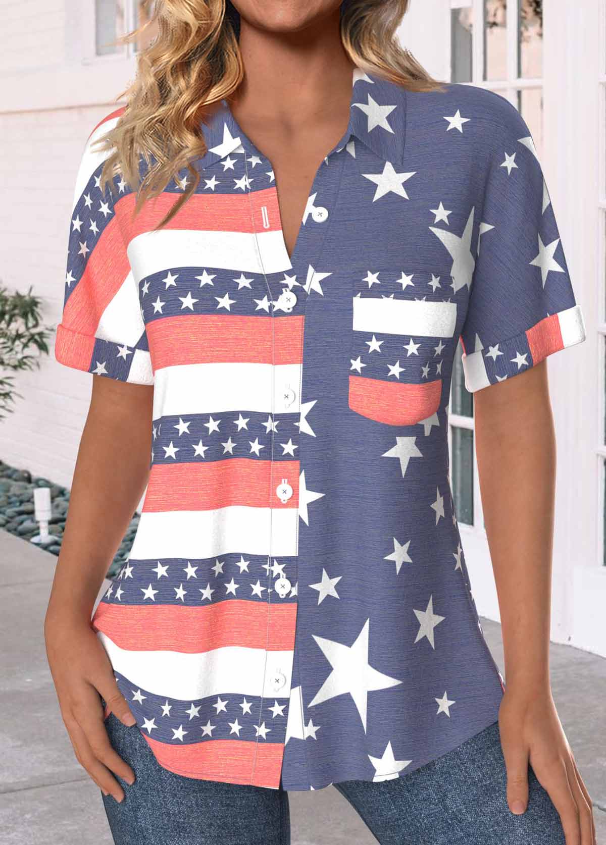 ROTITA American Flag Button Navy Short Sleeve Shirt