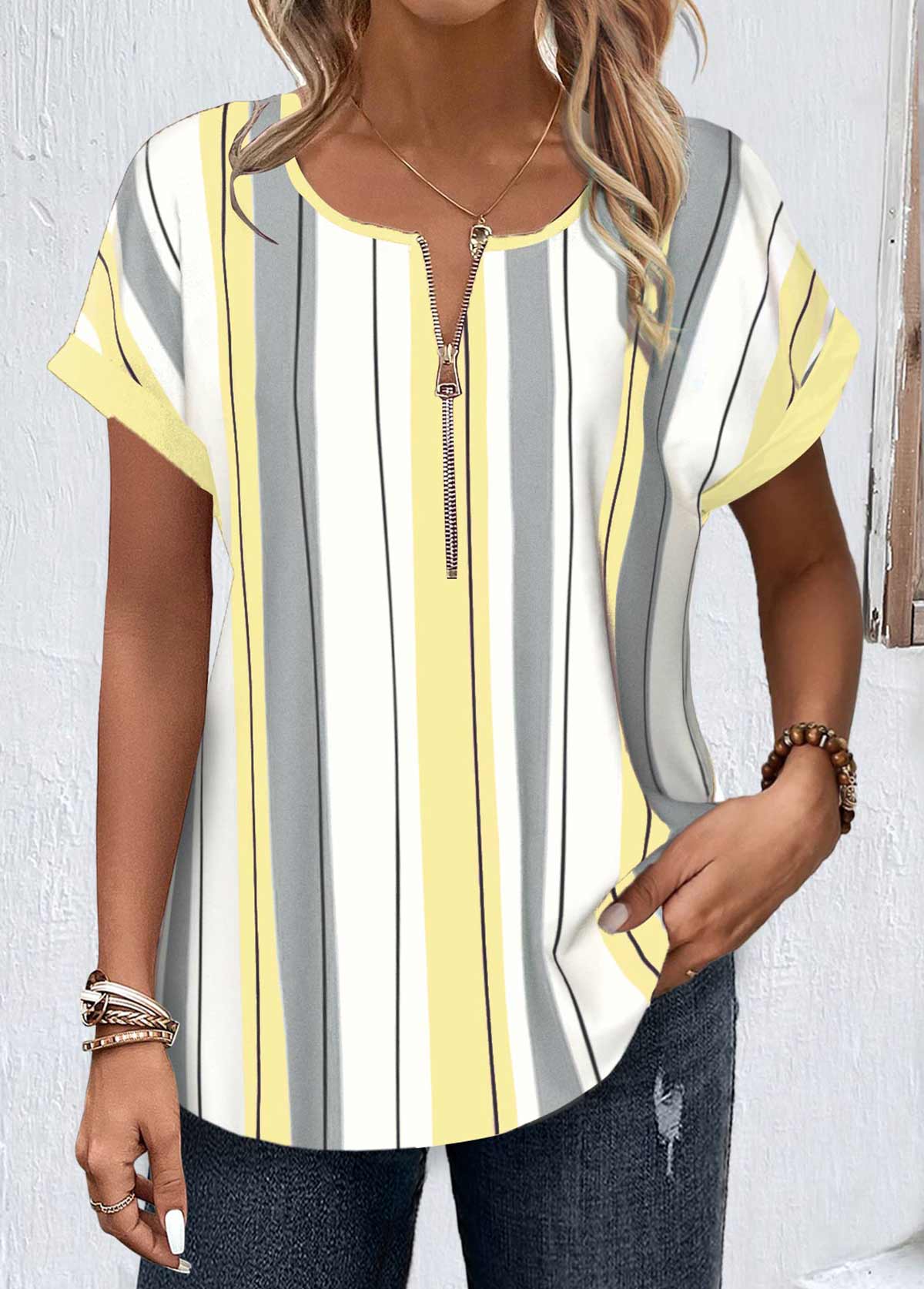 ROTITA Zipper Striped Light Yellow Round Neck Short Sleeve Shirt