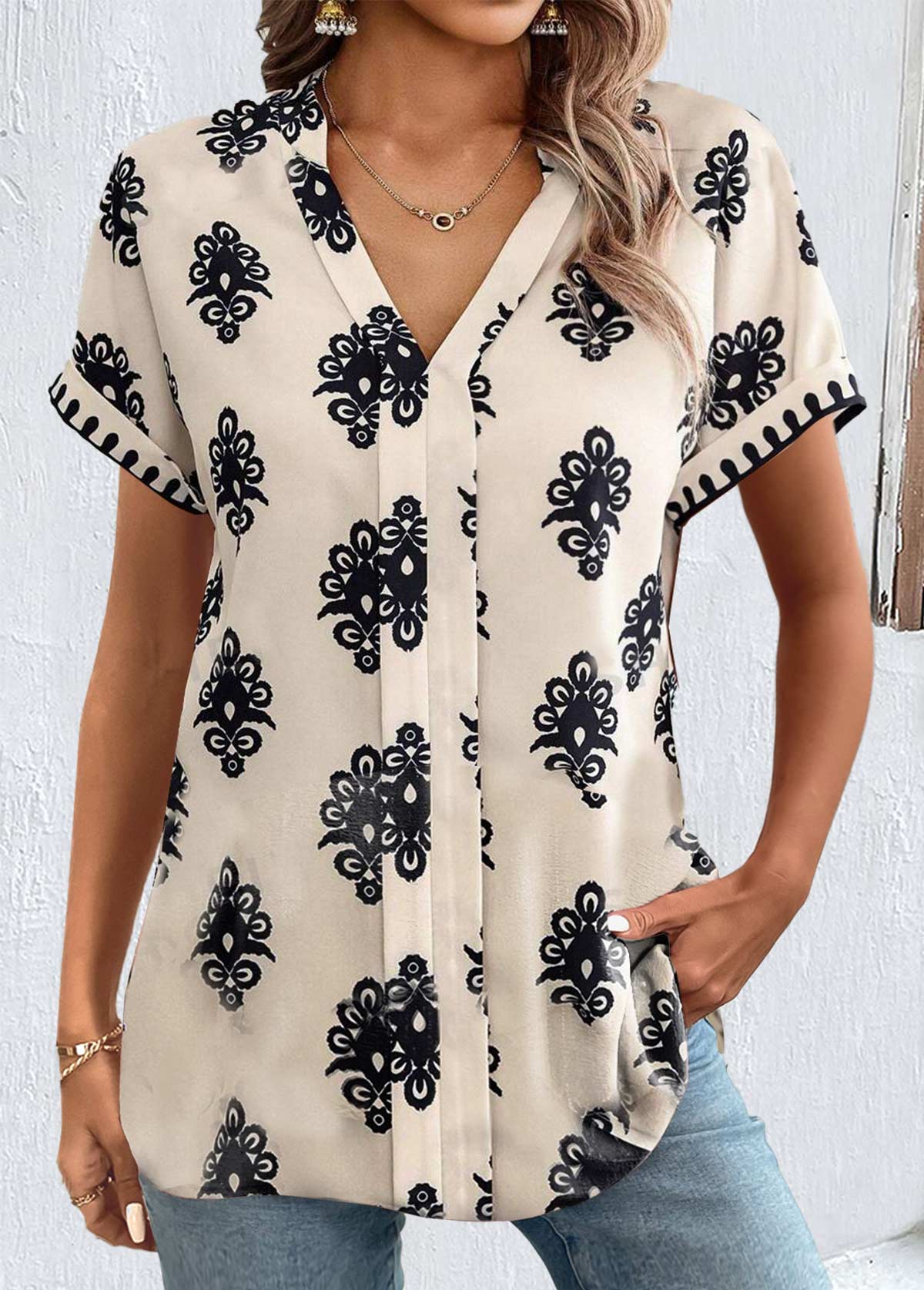 Light Camel tops,Tribal tops,ROTITA Patchwork Tribal Print Light Camel Split Neck Blouse